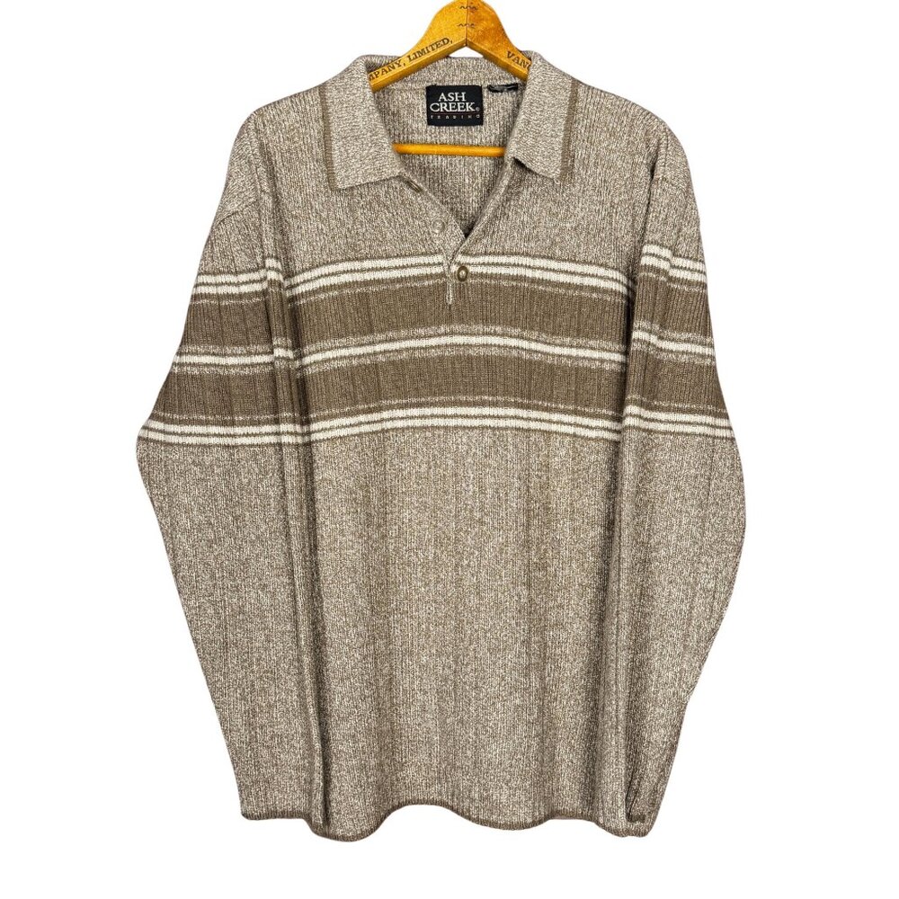 90s Oatmeal Knit Polo Sweater Oversized Neutral Cabincore Grandpa Cozy Pullover
